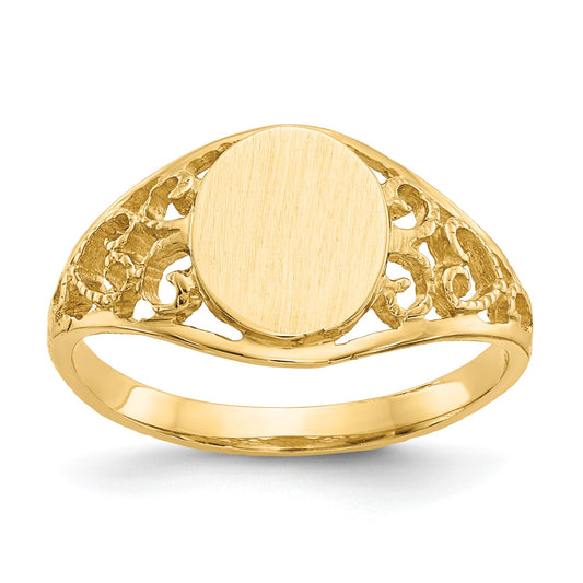14k 7.5x8.5mm Oval Satin Open Back Filigree Signet Ring