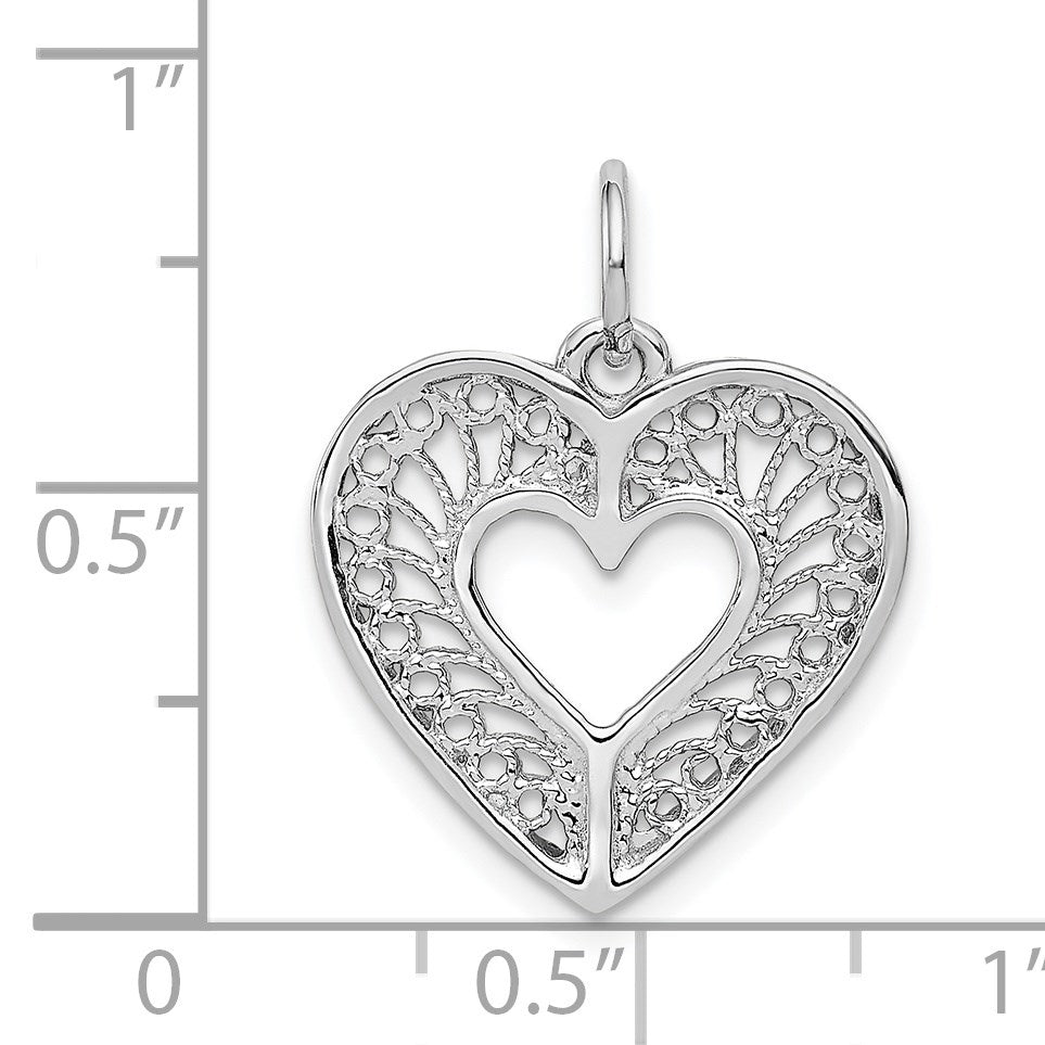 14k White Gold Solid Diamond-cut Fancy Filigree Heart Charm