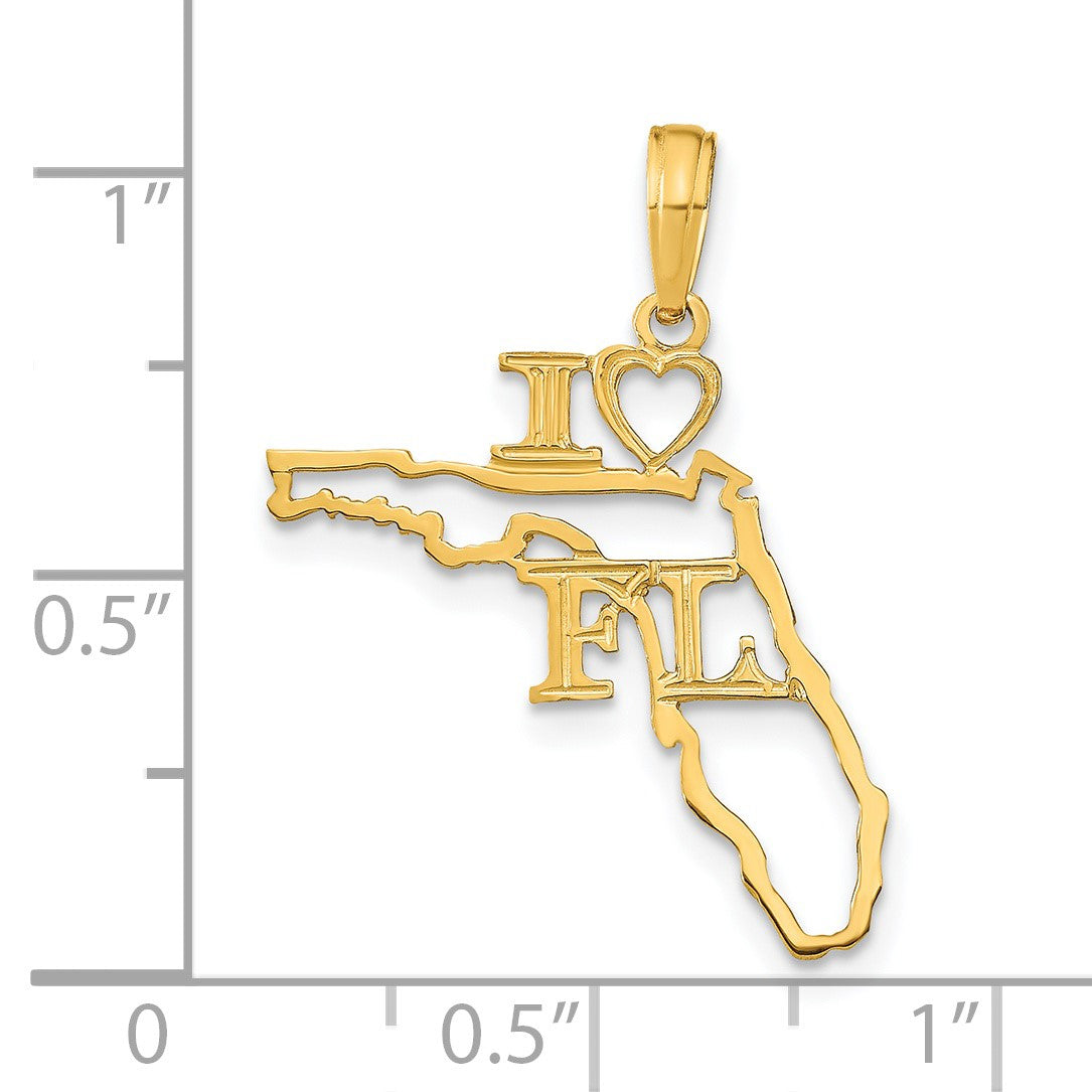 14k Solid I HEART FL Florida State Pendant