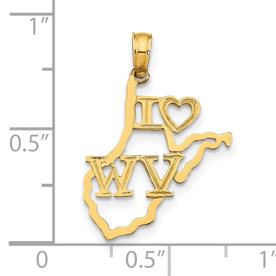 14k Solid I HEART WV West Virginia State Pendant