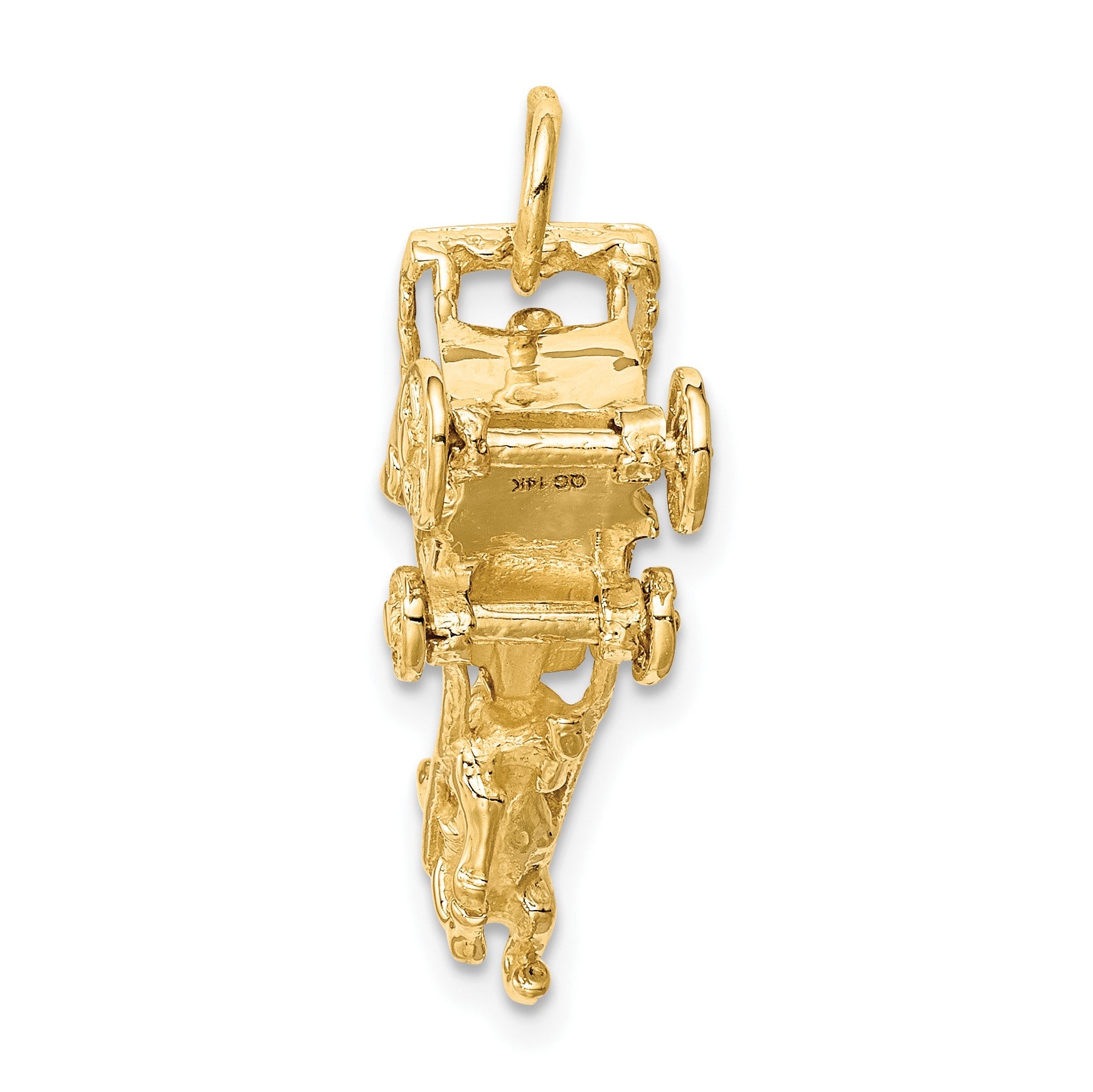 14k Solid Polished 3-D Horse and Carriage with Moveable Wheels Charm