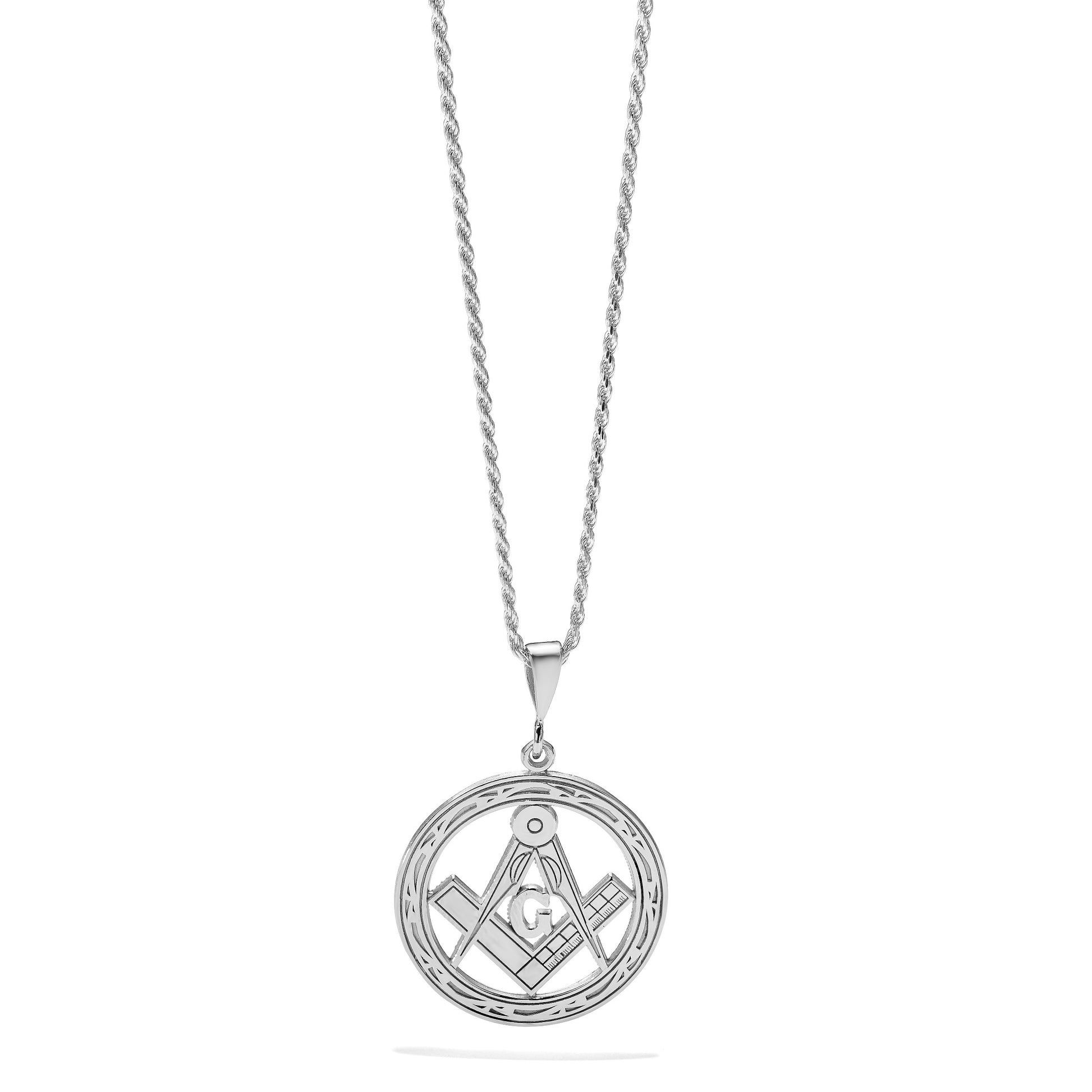 14k White Gold Polished and Textured Large Masonic Symbol Pendant
