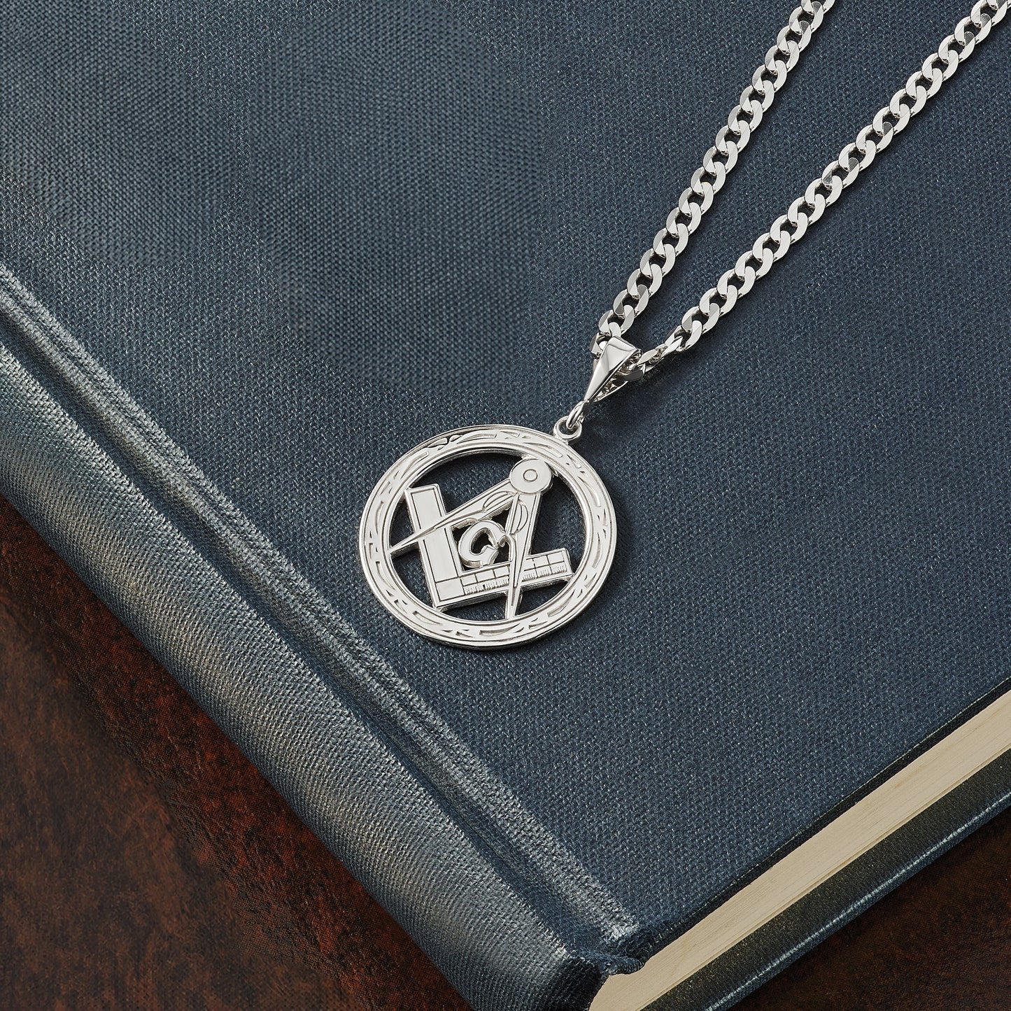 14k White Gold Polished and Textured Large Masonic Symbol Pendant
