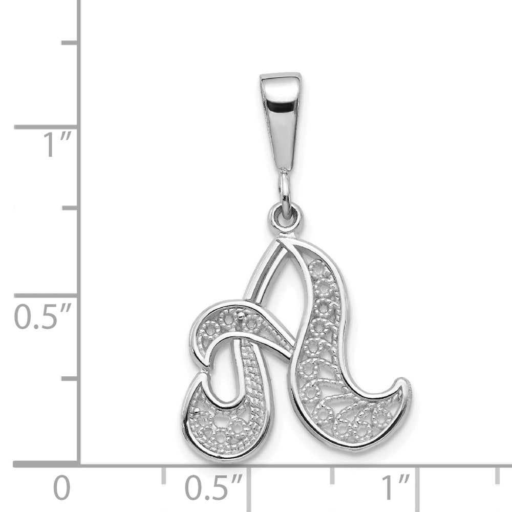 14KW White Gold Solid Polished Script Filigree Letter A Initial Pendant