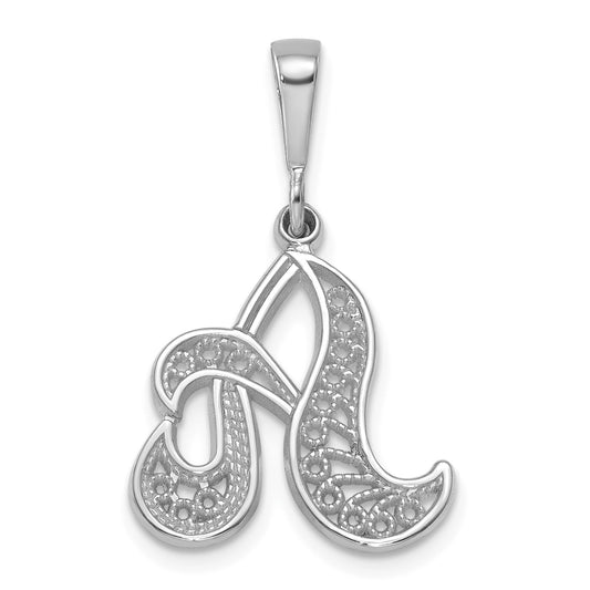 14KW White Gold Solid Polished Script Filigree Letter A Initial Pendant