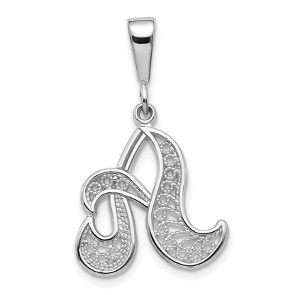 14KW White Gold Solid Polished Script Filigree Letter A Initial Pendant