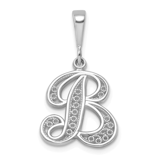 14KW White Gold Solid Polished Script Filigree Letter B Initial Pendant