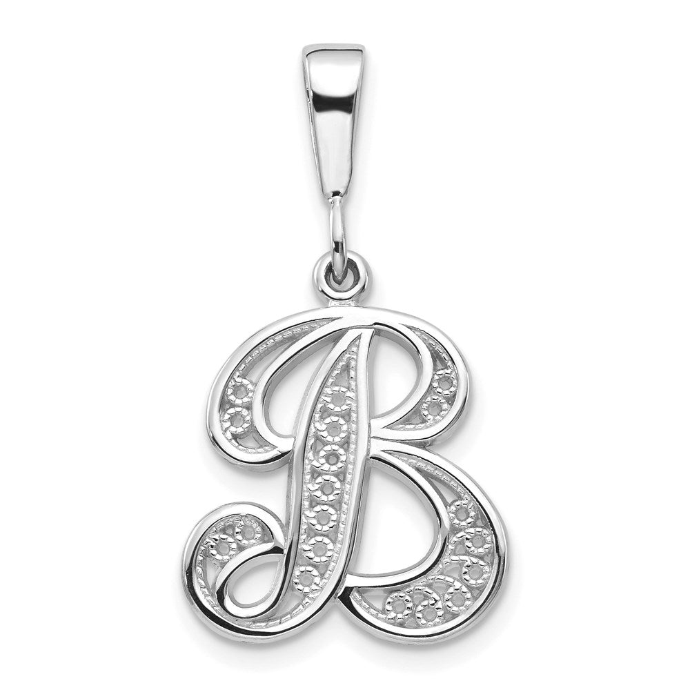 14KW White Gold Solid Polished Script Filigree Letter B Initial Pendant