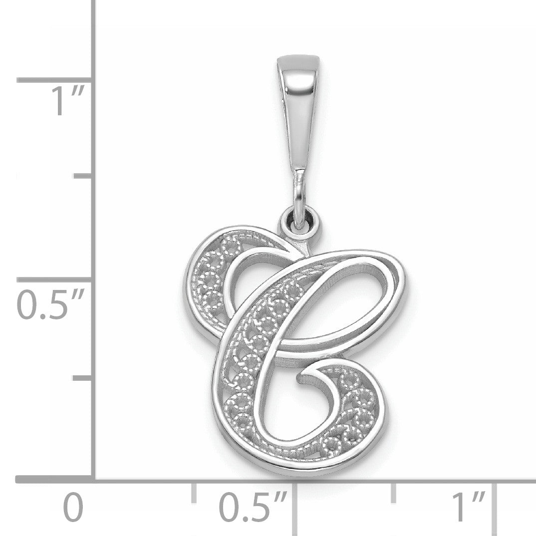 14KW White Gold Solid Polished Script Filigree Letter C Initial Pendant
