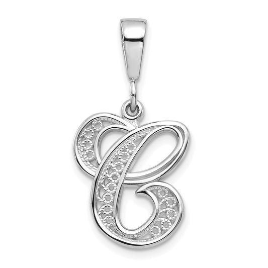 14KW White Gold Solid Polished Script Filigree Letter C Initial Pendant