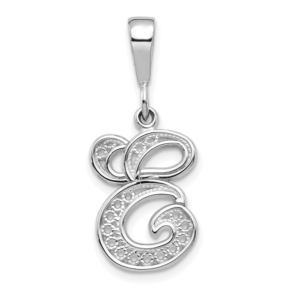 14KW White Gold Solid Polished Script Filigree Letter E Initial Pendant