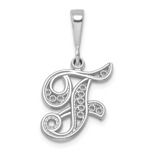 14KW White Gold Solid Polished Script Filigree Letter F Initial Pendant