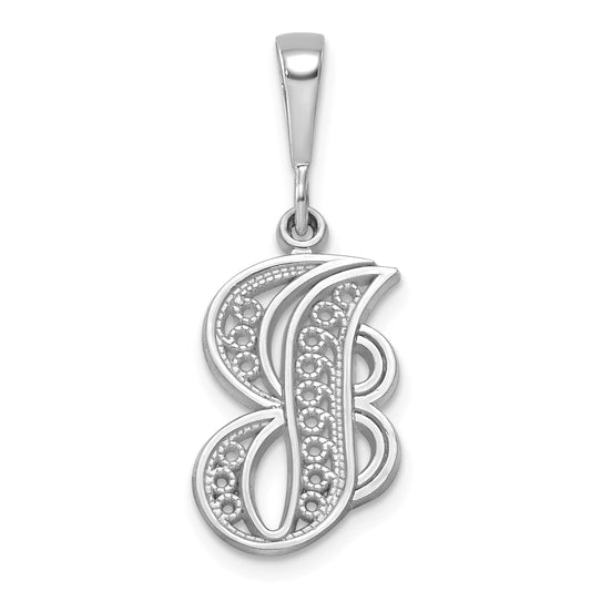 14KW White Gold Solid Polished Script Filigree Letter J Initial Pendant