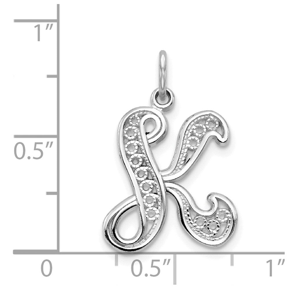 14KW White Gold Solid Polished Script Filigree Letter K Initial Pendant