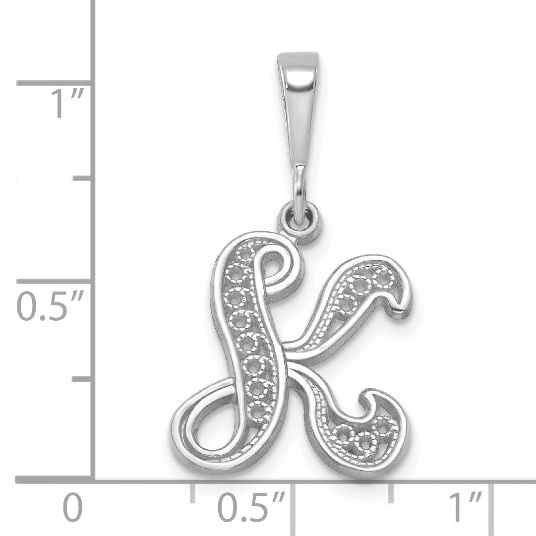 14KW White Gold Solid Polished Script Filigree Letter K Initial Pendant