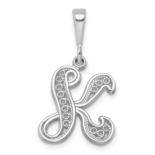 14KW White Gold Solid Polished Script Filigree Letter K Initial Pendant