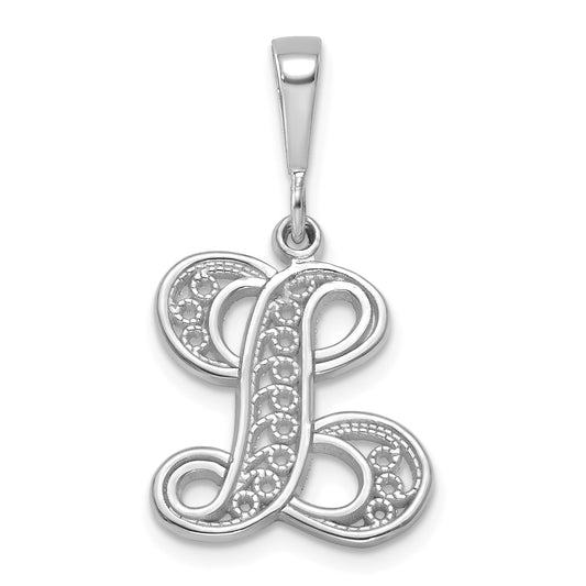 14KW White Gold Solid Polished Script Filigree Letter L Initial Pendant