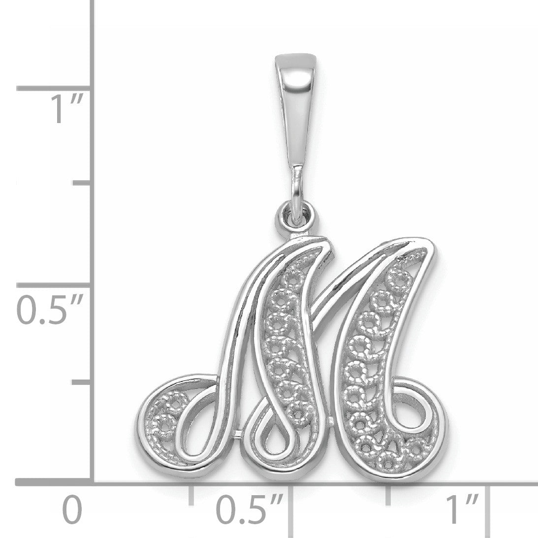 14KW White Gold Solid Polished Script Filigree Letter M Initial Pendant