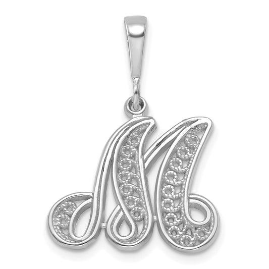 14KW White Gold Solid Polished Script Filigree Letter M Initial Pendant