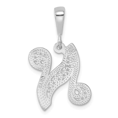 14KW White Gold Solid Polished Script Filigree Letter N Initial Pendant
