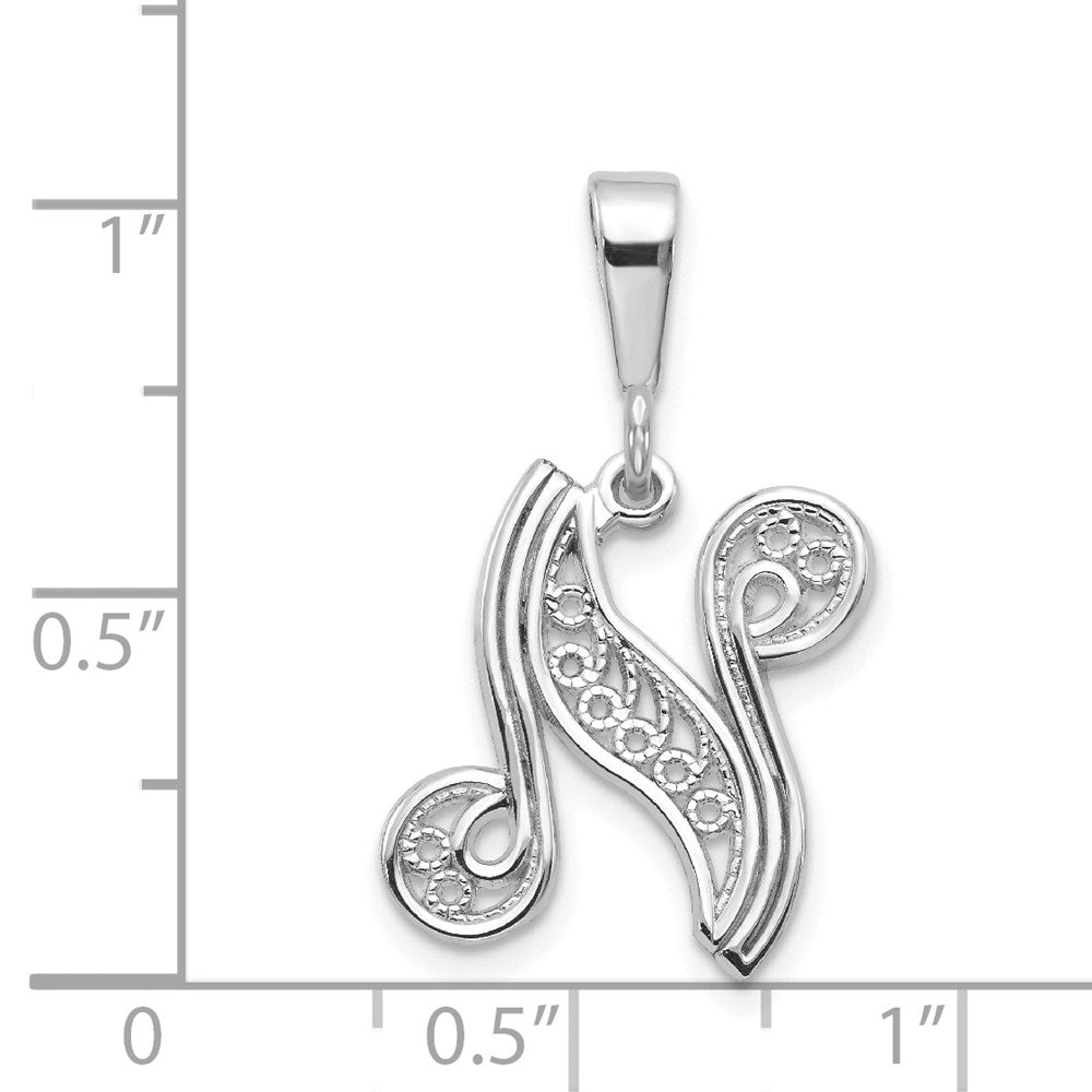 14KW White Gold Solid Polished Script Filigree Letter N Initial Pendant