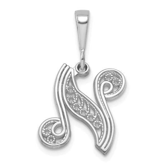 14KW White Gold Solid Polished Script Filigree Letter N Initial Pendant