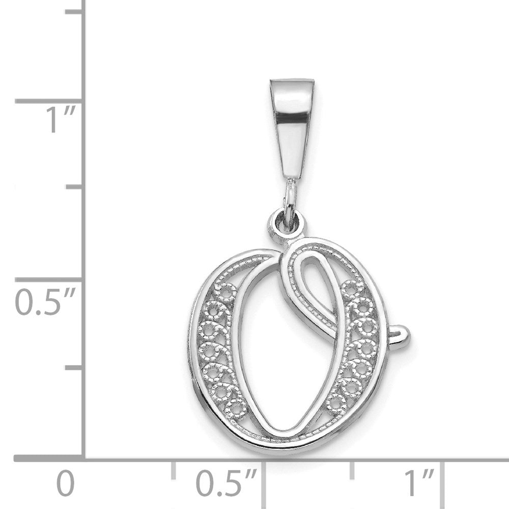 14KW White Gold Solid Polished Script Filigree Letter O Initial Pendant