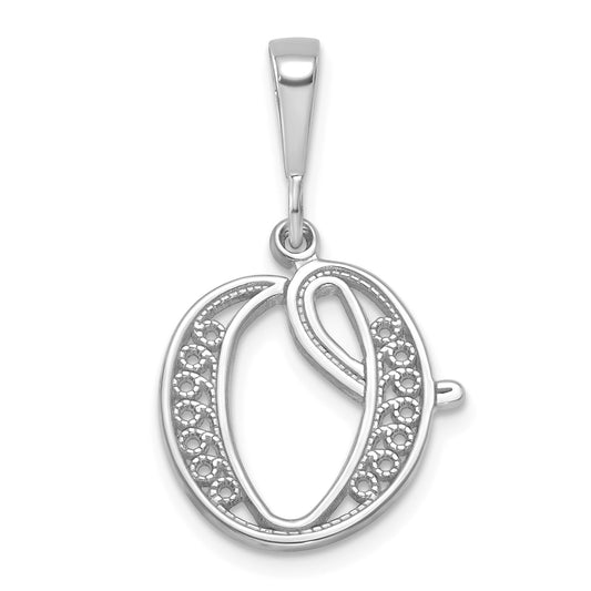 14KW White Gold Solid Polished Script Filigree Letter O Initial Pendant