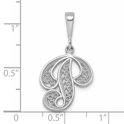 14KW White Gold Solid Polished Script Filigree Letter P Initial Pendant