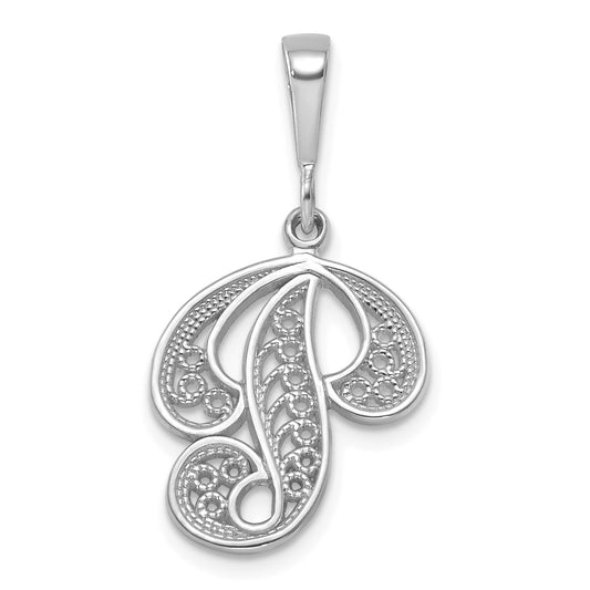 14KW White Gold Solid Polished Script Filigree Letter P Initial Pendant