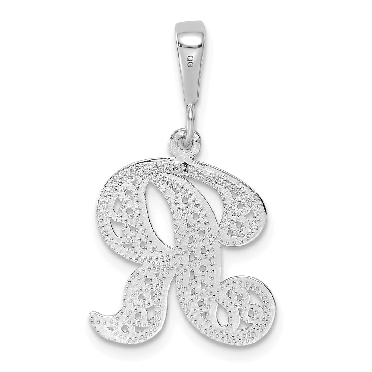 14KW White Gold Solid Polished Script Filigree Letter R Initial Pendant