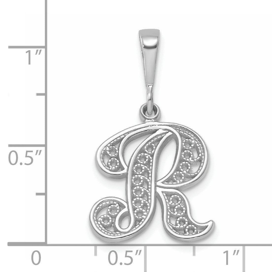 14KW White Gold Solid Polished Script Filigree Letter R Initial Pendant