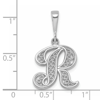 14KW White Gold Solid Polished Script Filigree Letter R Initial Pendant