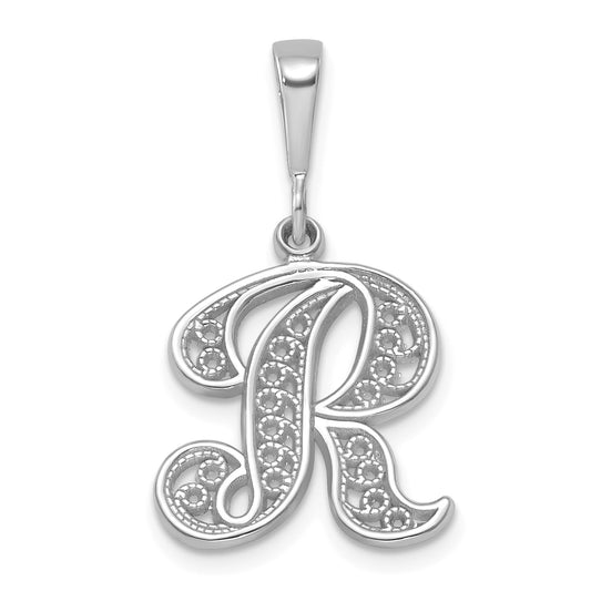 14KW White Gold Solid Polished Script Filigree Letter R Initial Pendant