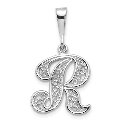 14KW White Gold Solid Polished Script Filigree Letter R Initial Pendant