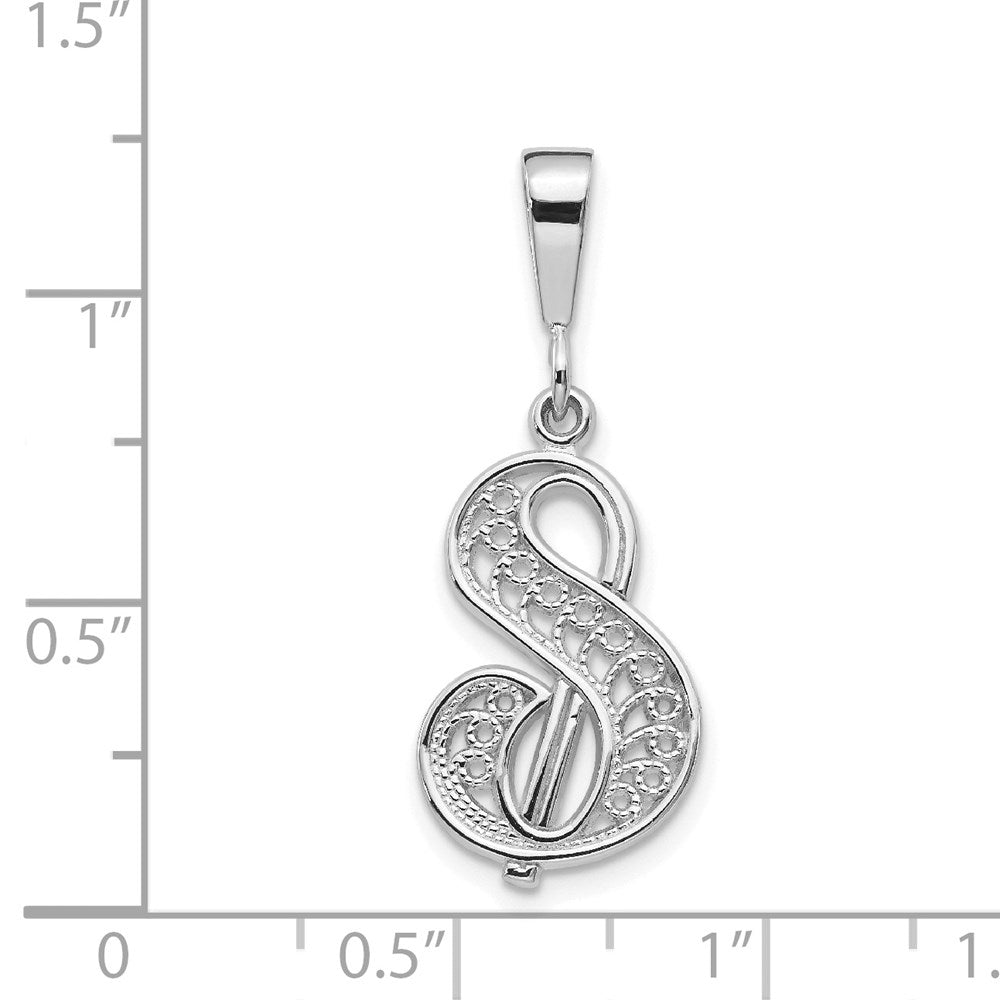 14KW White Gold Solid Polished Script Filigree Letter S Initial Pendant