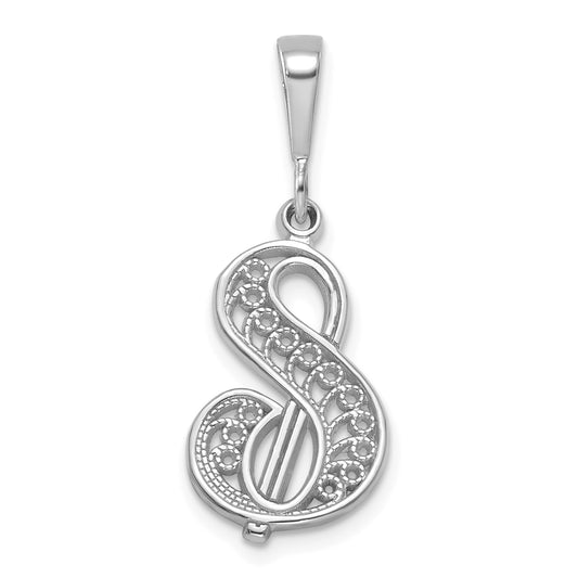 14KW White Gold Solid Polished Script Filigree Letter S Initial Pendant