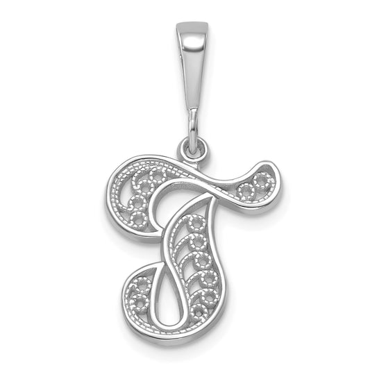 14KW White Gold Solid Polished Script Filigree Letter T Initial Pendant