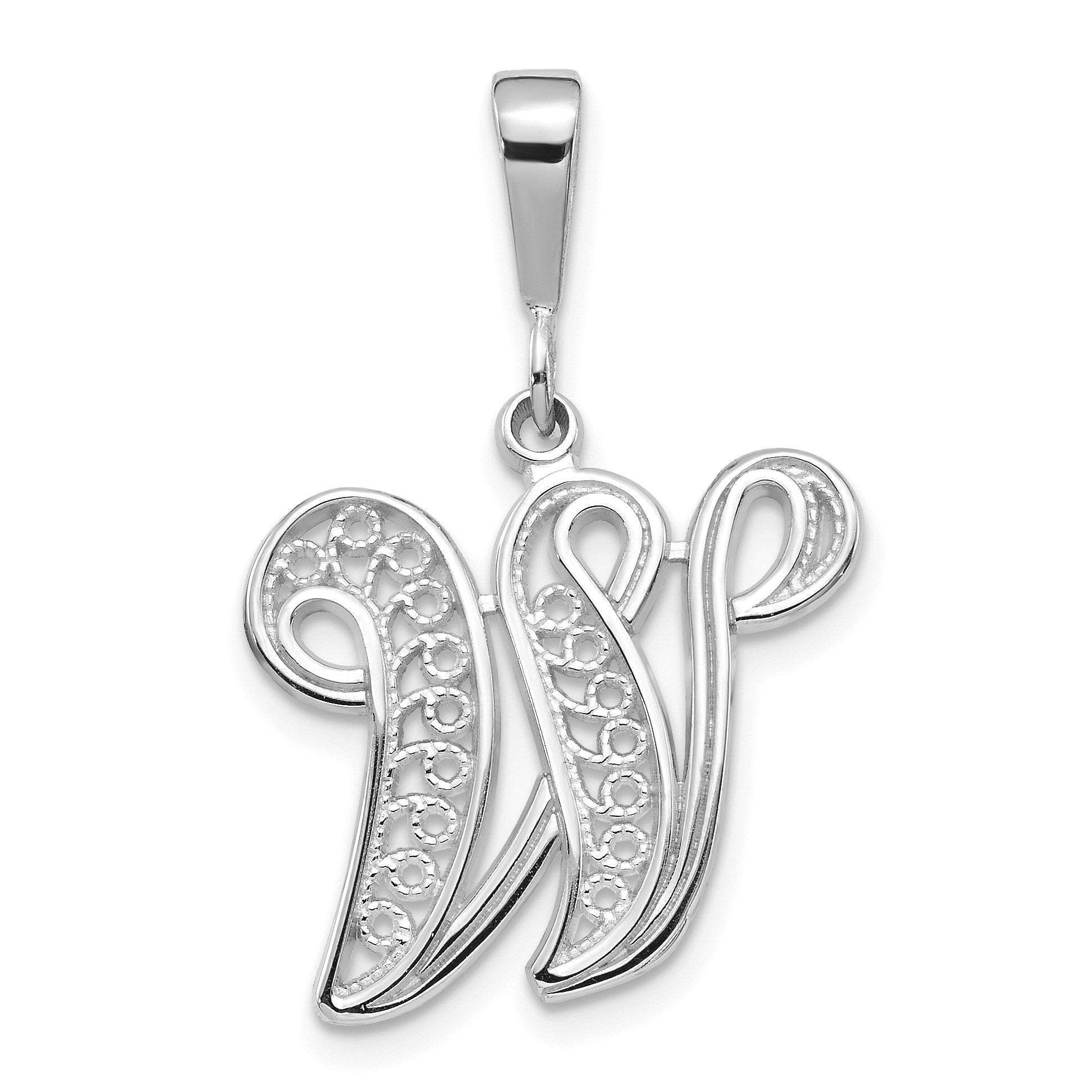 14KW White Gold Solid Polished Script Filigree Letter W Initial Pendant