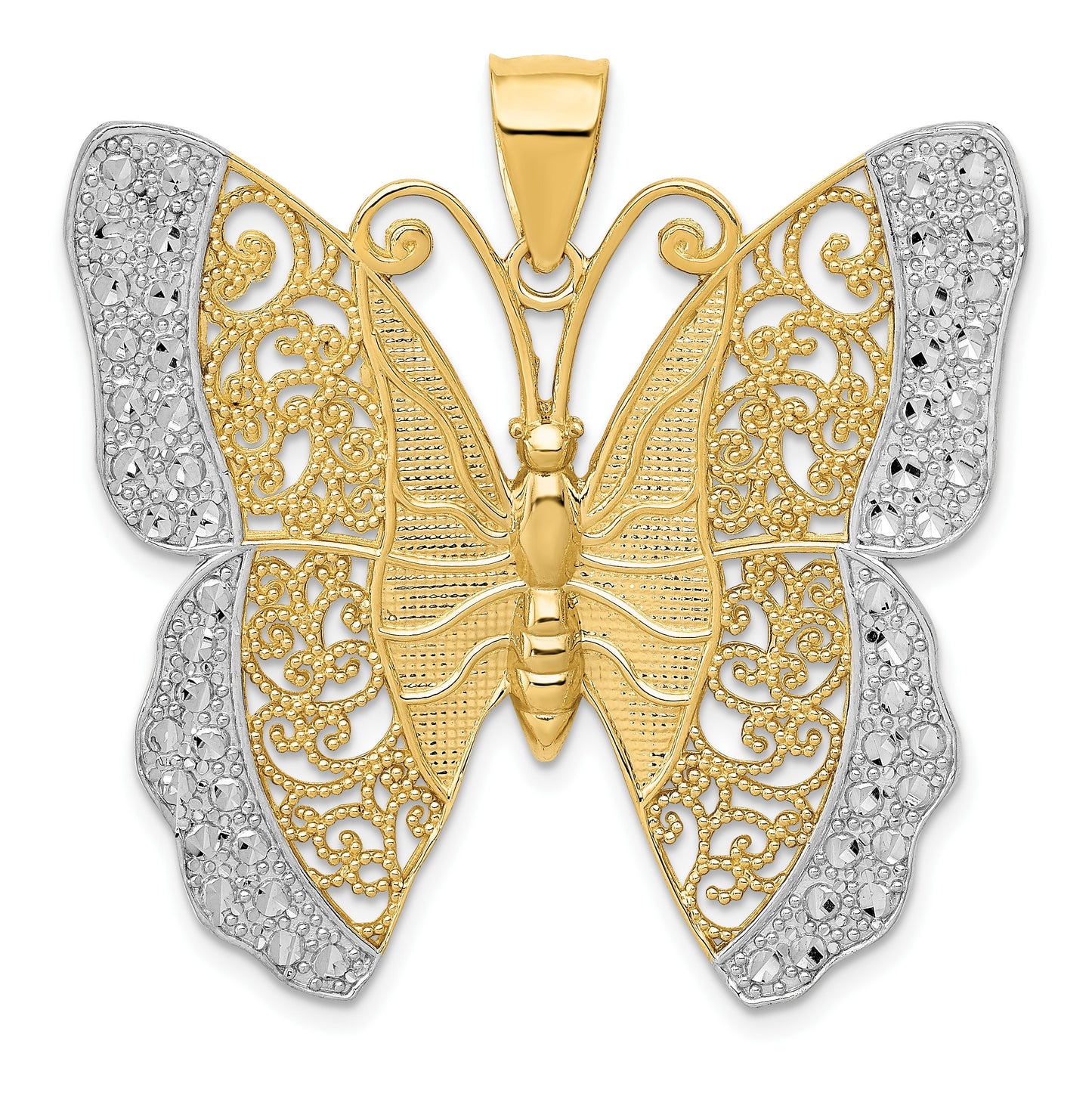 14k and White Rhodium Solid Polished Diamond-cut Filigree Butterfly Pendant