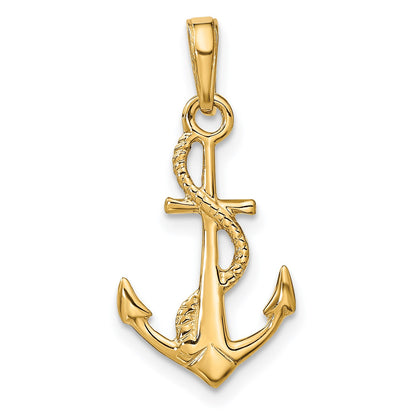 14K Solid Polished 3-D Anchor with Rope Pendant
