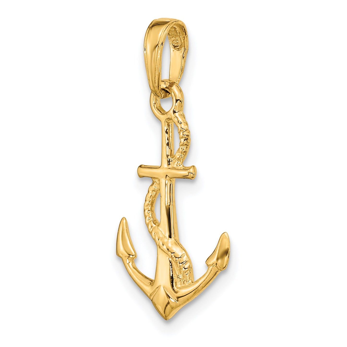 14K Solid Polished 3-D Anchor with Rope Pendant