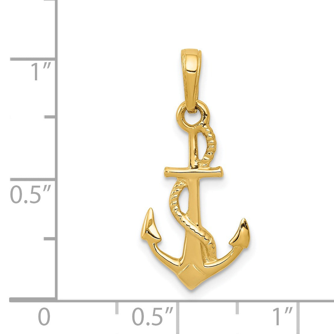 14K Solid Polished 3-D Anchor with Rope Pendant