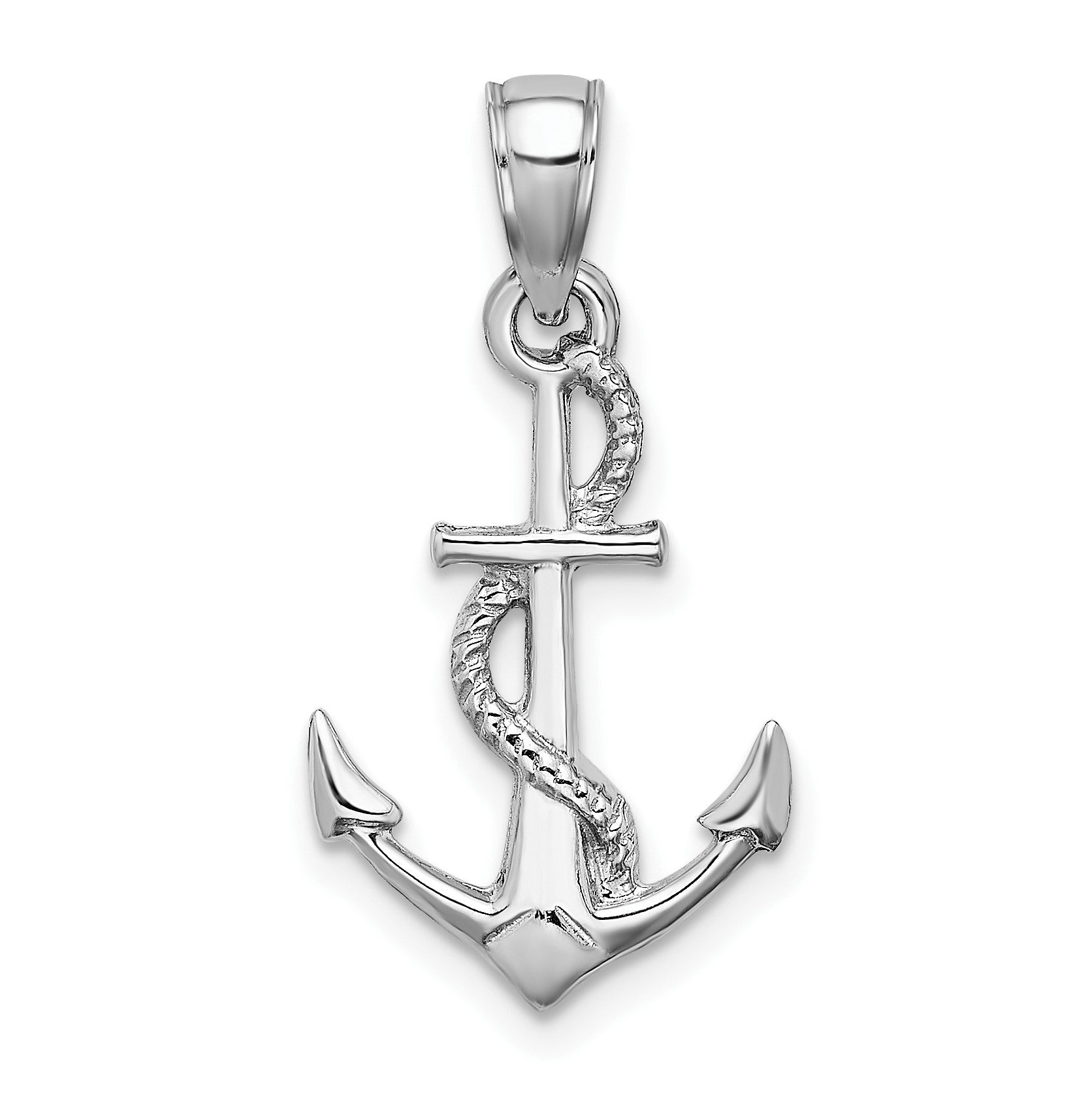 14K White Gold Solid Polished 3-D Anchor with Rope Pendant
