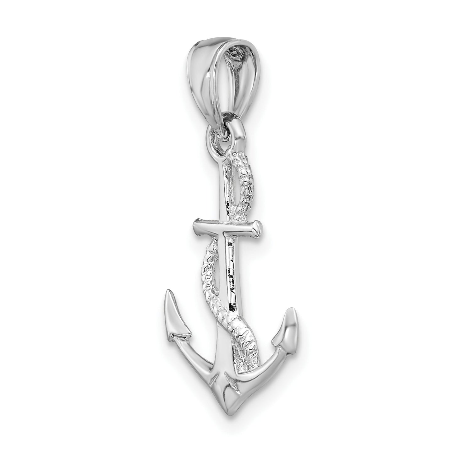 14K White Gold Solid Polished 3-D Anchor with Rope Pendant