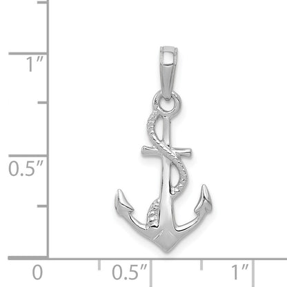14K White Gold Solid Polished 3-D Anchor with Rope Pendant