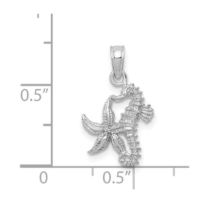 14K White Gold Solid Seahorse and Starfish Pendant