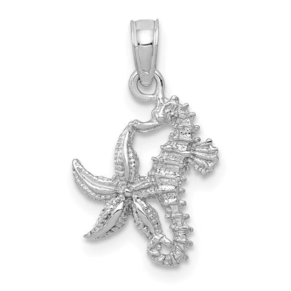 14K White Gold Solid Seahorse and Starfish Pendant