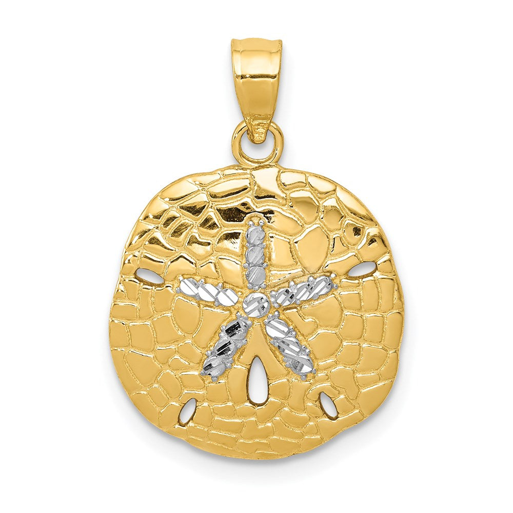 14K with White Rhodium Polished Diamond-Cut Sand Dollar Pendant