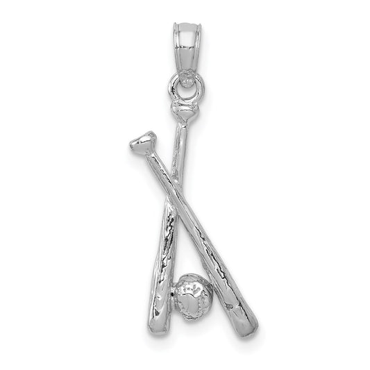 14K White Gold Polished Open-Back Bats and Baseball Pendant